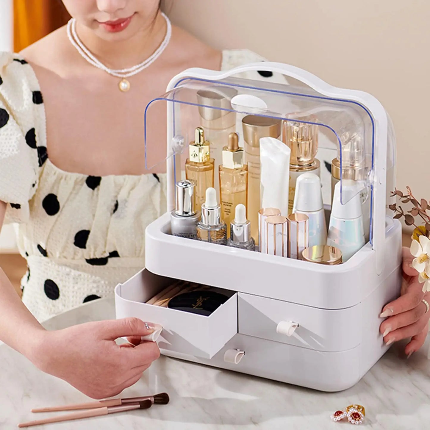 Dustproof Cosmetic Organizer with Drawer & Lid